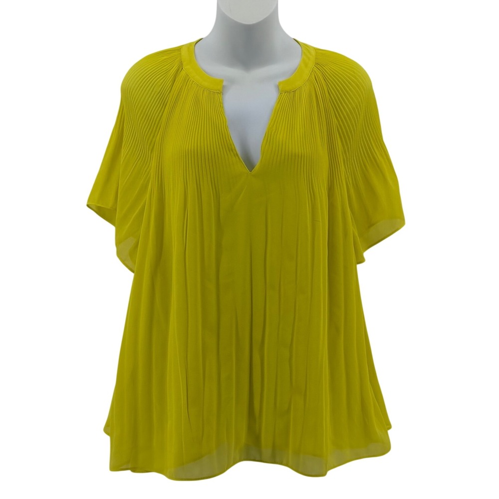 Halogen Yellow Pleated Chiffon Blouse Womens Medium Split Neck Flutter Sleeve